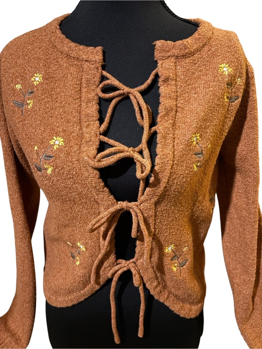 Wild Skye Rust Floral Embroidered Tie Front Cardigan Small